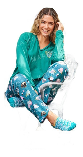 Pijama Invierno Mujer Jersey Estampado Marcela Koury 4204