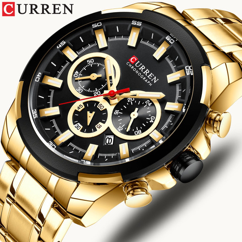 Relógio Curren Masculino 8361 Dourado Aço Inoxidável Cor do fundo Preto
