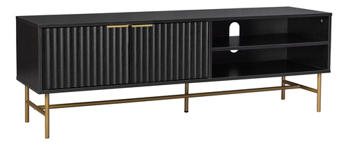 Mueble Rack De Tv Acanalado Top Living Relan Queens Centro de Entretenimiento Con Puertas Color Negro y Dorado