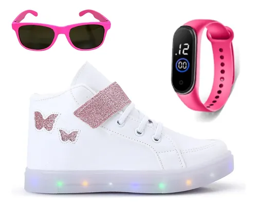Kit Tênis Botinha Infantil Borboleta Menina + Oculos Relogio