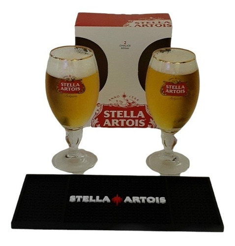 2 Copas Stella Artois 500 Ml Caja Estuche + Esterilla Barmat