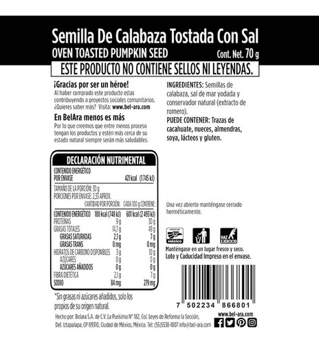 4 Pzas Botana Semilla De Calabaza Bel Ara Tostada Con Sal 70