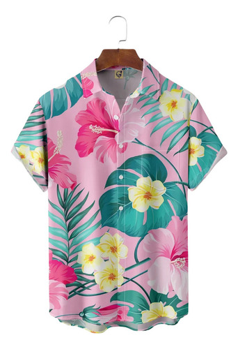 Camisa Hawaiana Unisex Con Hibisco En Rosa, Camisa De Playa