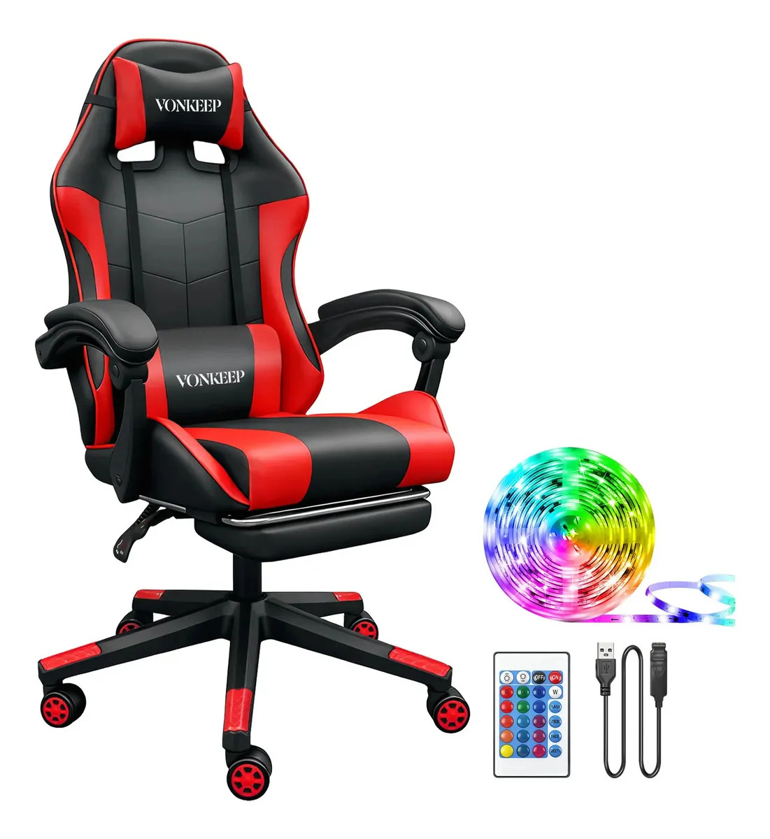 VonKeep Silla Gamer Ergonómica Silla Oficina Silla Escritorio Reclinable Gaming Oficina Base Más Grande Color Roja