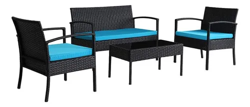 Juego Jardin Ratan Mesa Sillón 2 Cuerpos Butacas Almohadones Estructura Azul