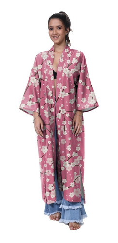 Imagem 1 de 4 de Kimono Haori Longo Floral Bambu Sakura Ano Chines Japão Flor