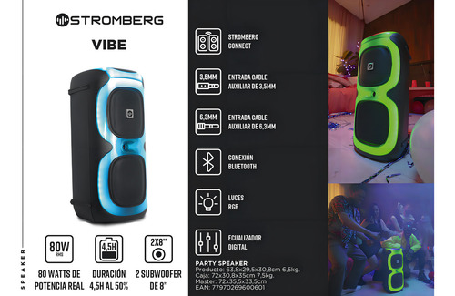Parlante Inalámbrico Portatil Stromberg Vibe Negro Bluetooth con Luces y Ecualizador Digital