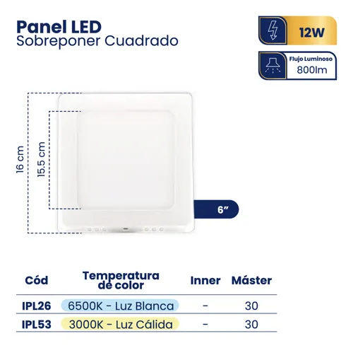 Panel Led Sobreponer Cuadrado 12w Certificada 16x16cm