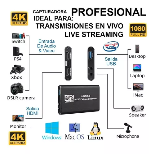 CAPTURADORA VIDEO/AUDIO POR HDMI 4K USB 3.0