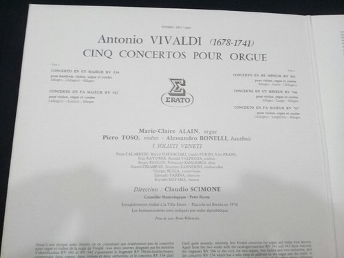Vinilo. Vivaldi. Cinq Concertos Pour Orgue. Import. Francia.