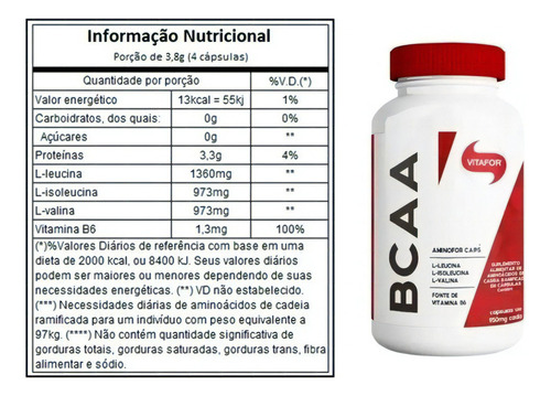 Aminofor Bcaa Vitafor 120 Capsulas Suplemento Alimentar B6 Sabor Sem Sabor