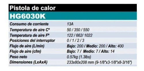 Pistola Calor Hg6030k 50-350-550 C. 3 Temp. 13 Amp. Makita