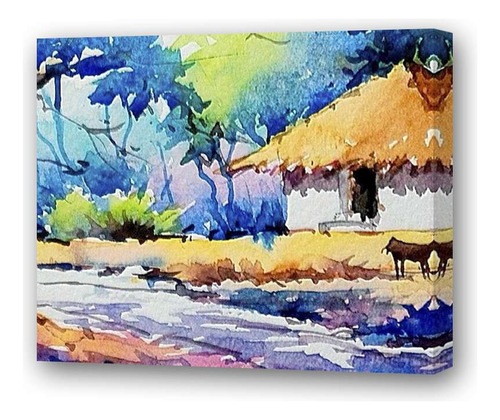 Cuadro 20x20cm Paisajes Acuarela Pequeña Choza Arbol