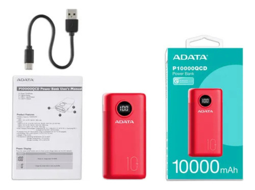 Power Bank Portátil Adata 10000mah P10000 Carga Rapida Usb-c Rojo