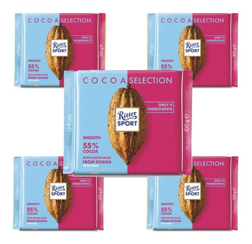 Chocolate Amargo Ritter Sport Con 55% Cacao 5pz De 100g C/u