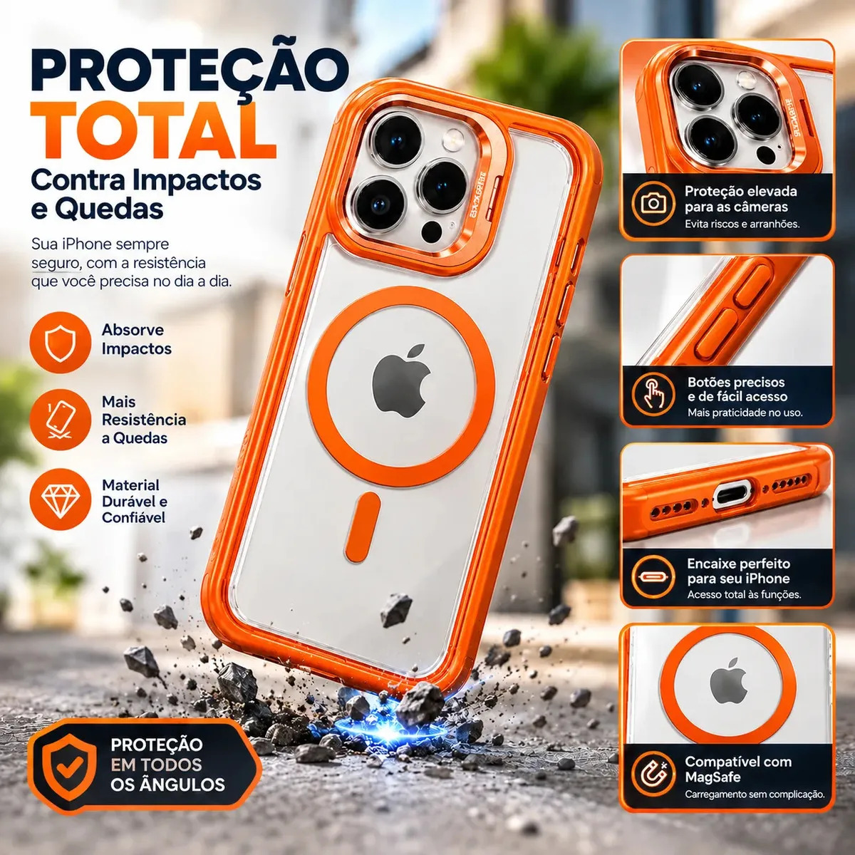 Capa Protetora Laranja para iPhone 11 12 13 14 15 16 17 Pro Pro Max Silicone Anti Impacto Reforçada MagSafe Carregamento Magnético Case Capinha Celular Proteção Contra Quedas