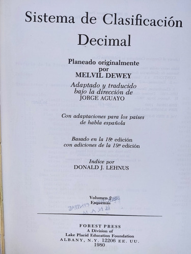 Libro Sistema De Clasificacion Decimal Dewey Lehnus 185o7 (Usado)