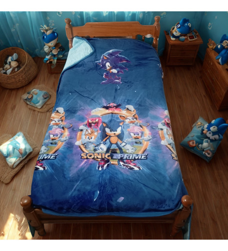 Frazada Infantil Personajes Plush Y Corderito 1 1/2 Plaza Sonic Celeste