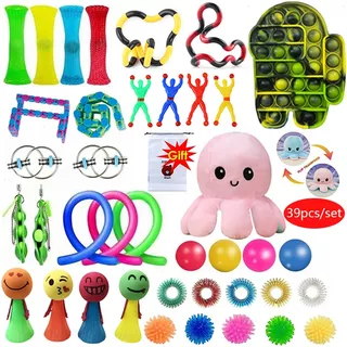 Kit De 39 Peças De Brinquedos Pop It Fidget Gobang Rainbow P