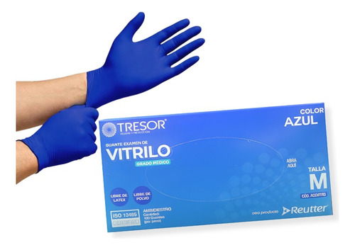  Guante Vitrilo Color Azul Tresor Grado Medico Talla M 100u