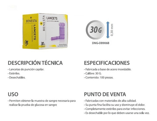Imagen 2 de 5 de 100 Lancetas Universales Glucosa Estériles Benesta 30g