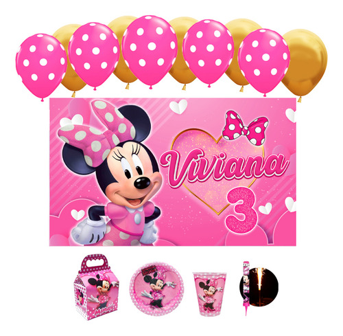 Minnie Mouse Rosa Dorado Fiesta 20 Niños Vasos Platos Globos