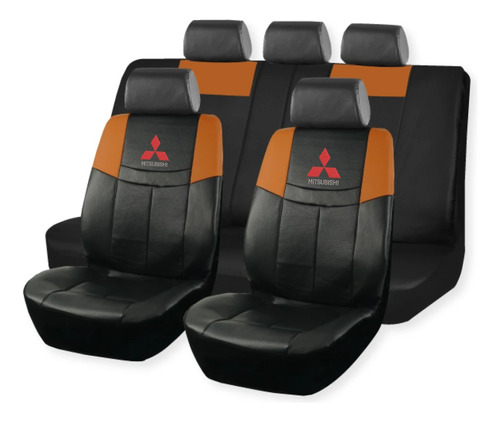 Cubreasiento Ecocuero Negro Marrón Logo Mitsubishi Bordado