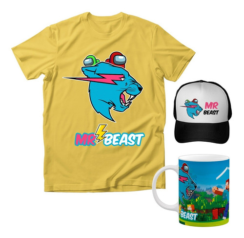 Combo Playera Niños Mr. Beast Among + Taza + Gorra 