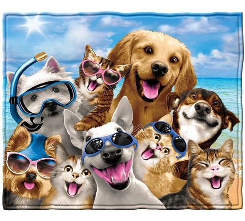 Perros Y Gatos Playa Playa Selfie Super Soft Pelush Fle...