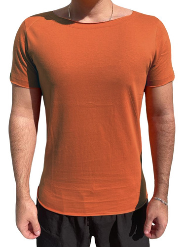 Camiseta Gola Canoa Aberta Laranja Abóbora Masculina Slim