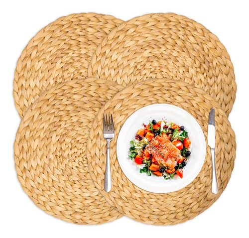 Individuales Redondos Mantel Natural De Fibra De Cañamo De 38cm 4 Piezas Wakeshome