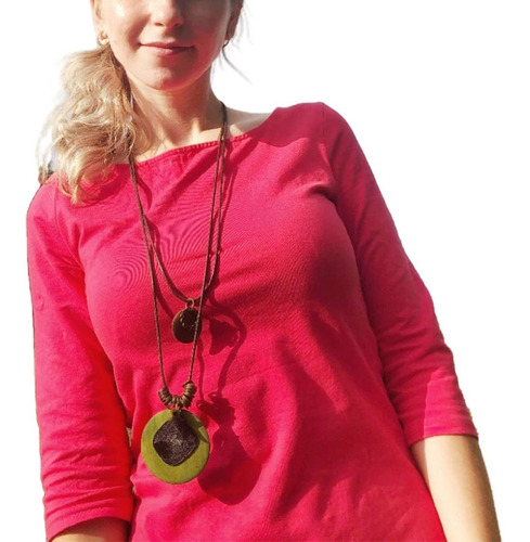 Collar Boho Madera Con Jadeita Y Cobre Colgante Para Mujer