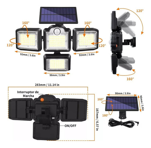. 192 Led Lámpara Focos Solar De Pared Exteriores Sensor Luz