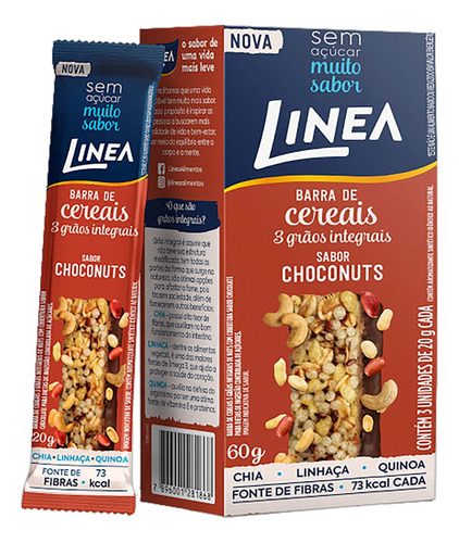 Barra de cereal Linea  sabor choconuts cobertura chocolate 20 g pacote x 3