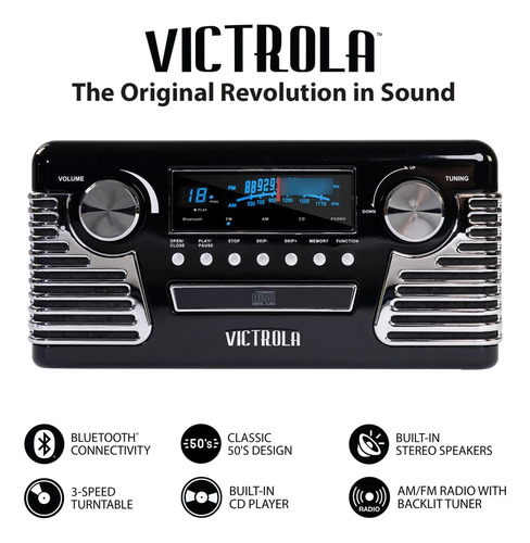 Victrola Tornamesa Bluetooth Para Cd Y Radio, Estilo Retro