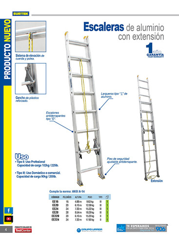 Escalera De Extensión Tipo Iii De Aluminio Con 16 Peldaños S