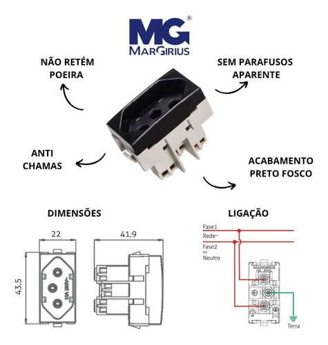 Kit 3 Módulos Tomada 20a Clean Ebony Preto Fosco Margirius