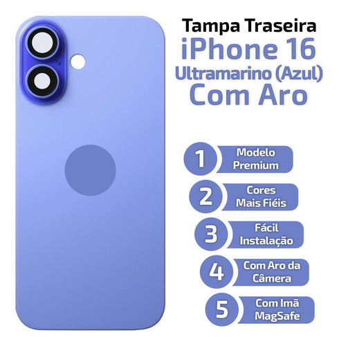 Tampa Traseira Compatível Com iPhone 16 Plus Vidr Câmera Imã