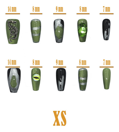 Kit 10 Uñas Postizas #1291 Press On Verde Serpiente Vivora