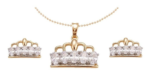 Set Aretes Y Collar Corona Diamante Oro 18k Lam Swarovski El