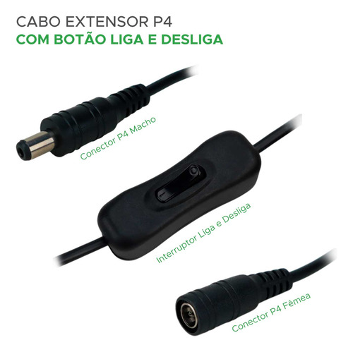 Cabo Extensão De Fonte P4 Extensor Fita Led Com Interruptor