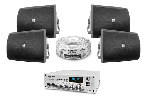 Kit Amplificador Bt 300w 4 Bafles Ambiental 5.2 By Steelpro Color Negro Potencia de salida RMS 300 W