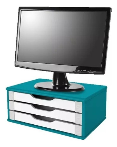 Suporte Para Monitor Mdf Azul Com 3 Gavetas Brancas