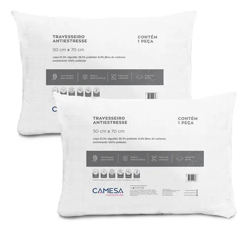 Kit​ 2 Travesseiros Antiestresse Carbono 50x70cm Camesa Branco