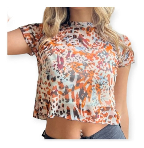 Crop O Top Manga Corta De Tul Varios Estampados Moda Noche