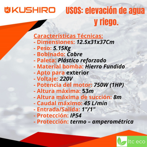 Imagen 3 de 10 de Bomba Periferica 1 Hp De Agua Kushiro Bp80 53 Metros
