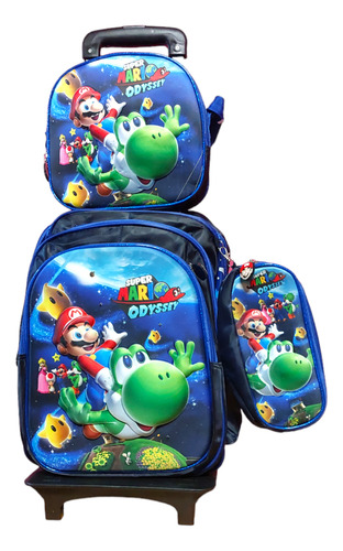 Mochila 3pz Super Mario Bros Led 3d Con Lapicera Y Lonchera