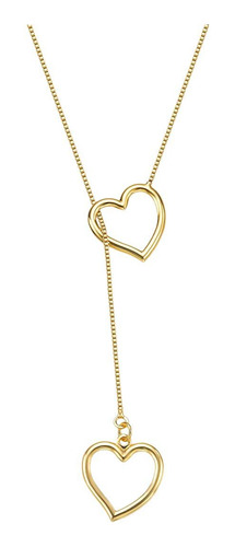 Colar Feminino Gravata Duplo Coração Ouro 18k Cor Dourado