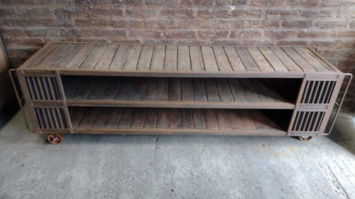 Imagen 2 de 9 de Rack Tv Mueble Estilo Industrial Ruedas Hierro Chapa Madera