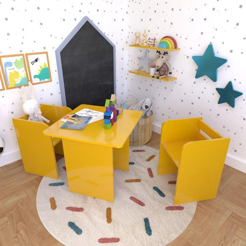 Conjunto Infantil Com 1 Mesa E 2 Banquetas Amarelo